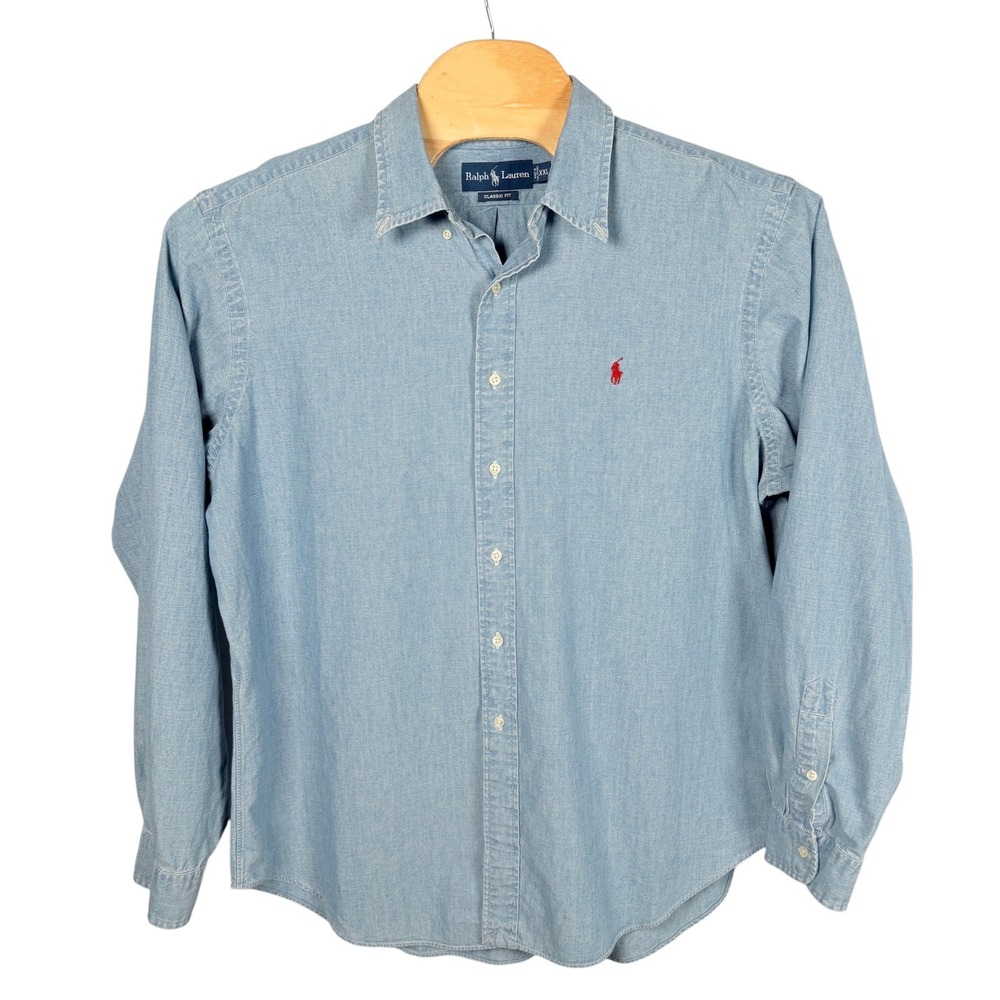 Ralph Lauren Denim Shirt Mens XXL Blue Chambray Classic Fit Long Sleeve Pony